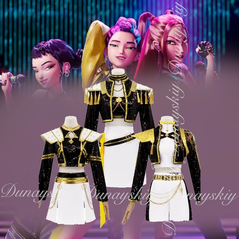 

KPop Demon Hunters Movie Mira Rumi Zoey Cosplay With Black Gold Color Scheme Performance Outfits Three Cosplay Costume Full Suit