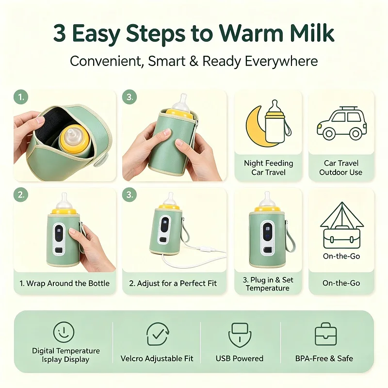 USB Baby Bottle Warmer Bag BPA-Free Portable Adjustable Insulated Thermostatic Sleeve Universal Fit for Car Travel Night Feeding