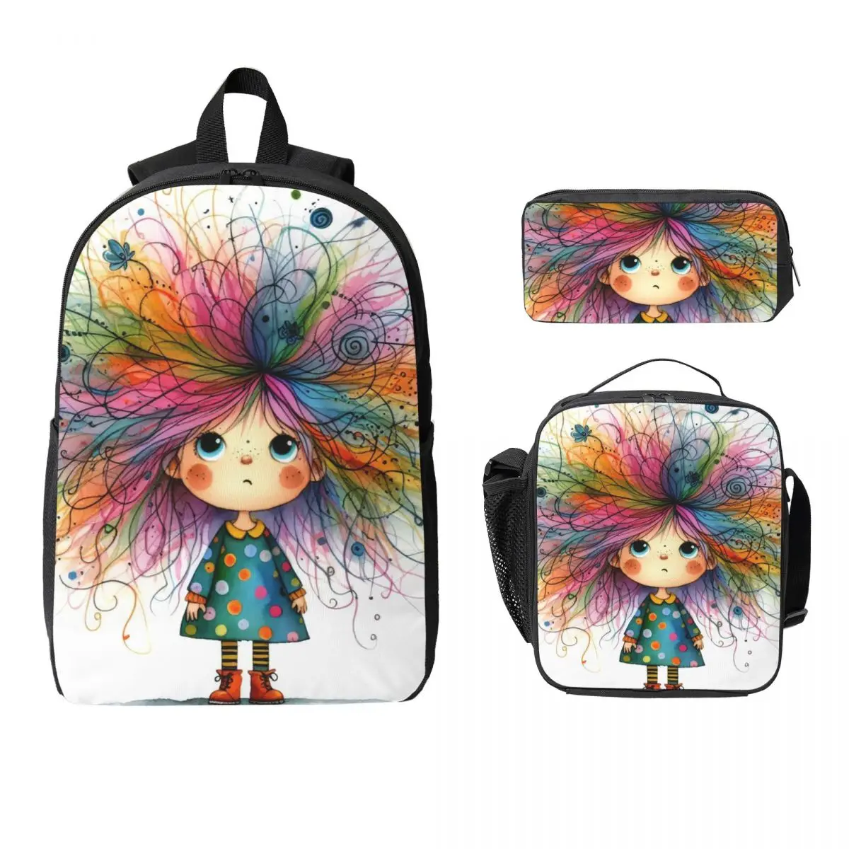 Whimsy Colorful Hair Girl Backpack Boys Girls BookBag School Bag Computer Shoulder Bags 3ps Insulated Lunch Bag Pencil Case