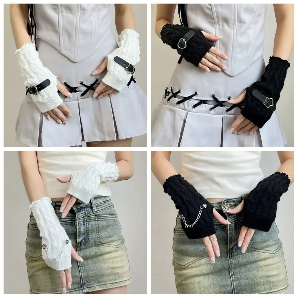 Streetwear Elastic Y2K Warm Sleeves Heart Chain Knitted Arm Warmers Sweet Star Fingerless Gloves Clothing Accessories