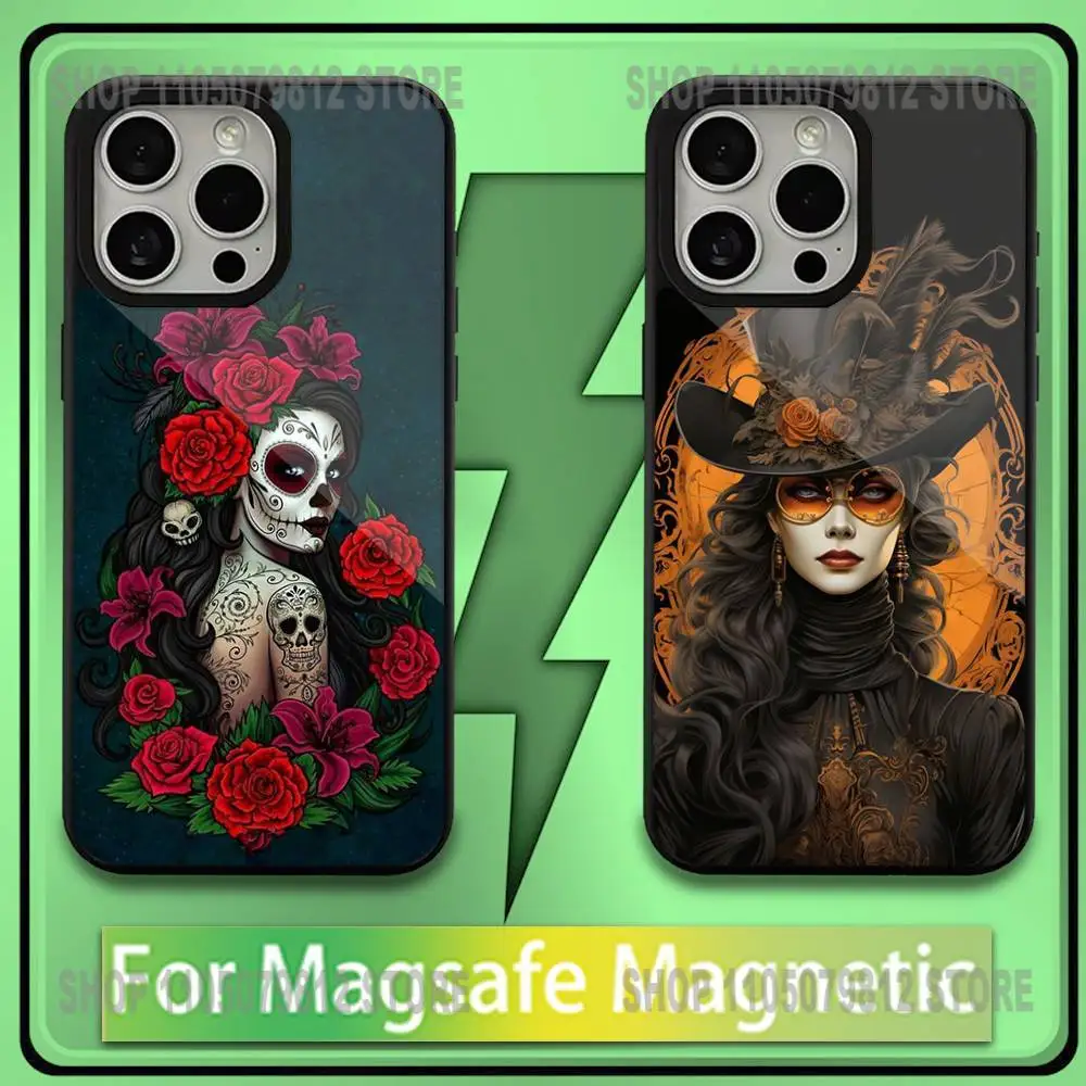 

Catrina Beautiful Rose Girl Skull Phone Case For iPhone 17,16,15,14,13,12,11,Plus,Pro,Max,Mini Magesafe Magnetic Wireless Charge