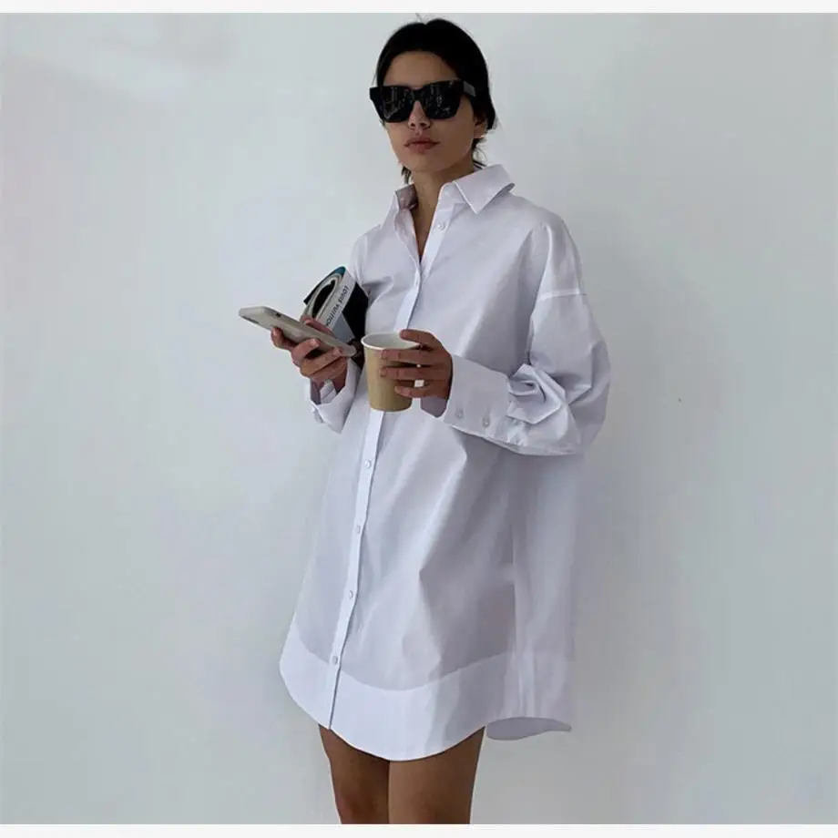 

Женская повседневная рубашка из чистого хлопка, свободного кроя, с длинным рукавом, белая, с воротником, во французском стиле, средней длины, летняя, модная, женская одежда.