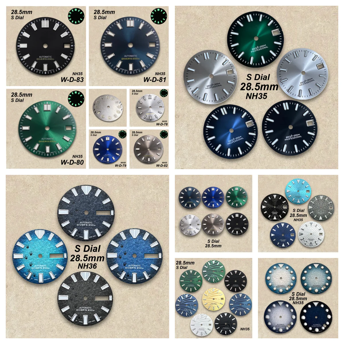 

28.5 mm S Logo Diving Dial Fit NH35/NH36/4R36 Movement Green Luminous Bamboo Leaf/Footprint Watch Modification Accessories