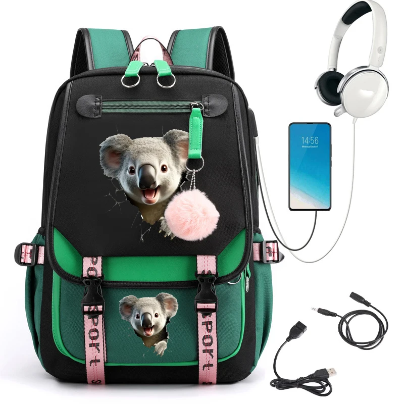 Mochila escolar con estampado de Koala, Bolsa Escolar de dibujos animados para estudiantes y adolescentes, bolsa de libros Usb, bolsa de Anime para portátil, bolsas para adolescentes