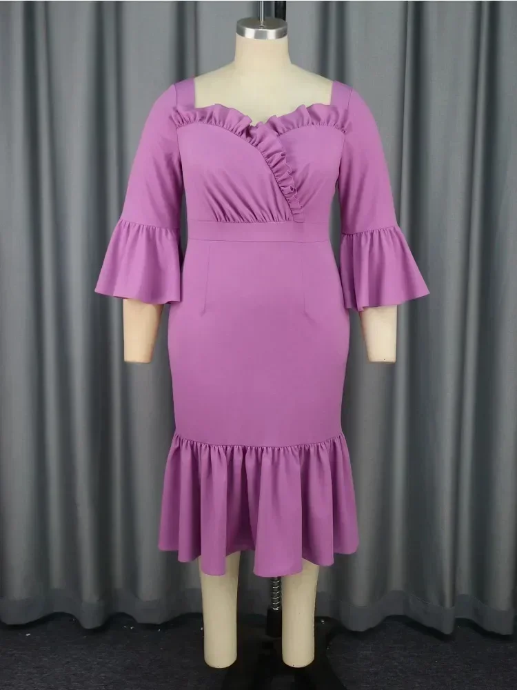 Abito patchwork minimalista in puro colore con scollo a V, maniche con volant, abito a vita alta, nuovi abiti da donna eleganti viola dolce