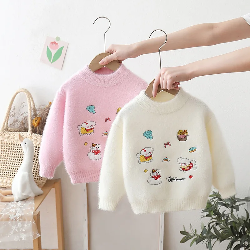 

Winter 2025 New Style Children's Imitation Mink Fur Thickened Warm Cartoon Pattern Pullover Sweater