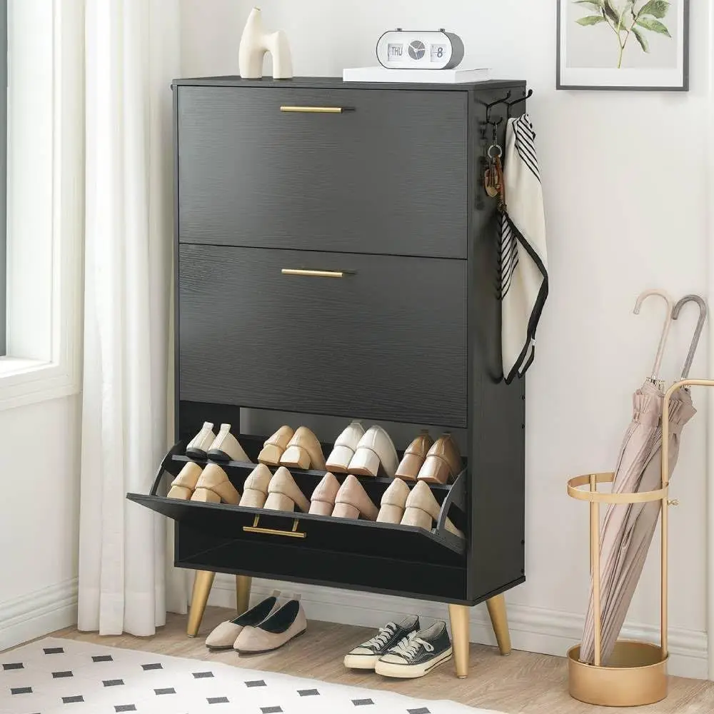 

Black Entryway Shoe Storage Cabinet with 3 Drawers and Coat Hooks