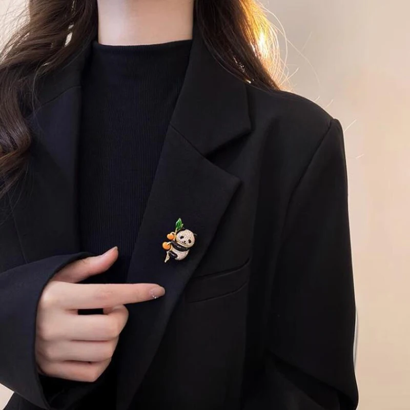 Cute Persimmon Ruyi Rhinestone Little Panda Brooches Chinese Style Cartoon Casual Pins For Women Clothing Coat Accessries Gift