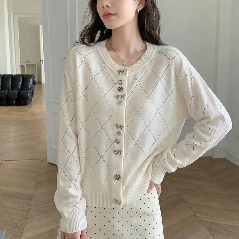 

FRSEUCAG Новый женский кардиган с круглым вырезом, модный ажурный свитер, летний тонкий женский свитер с длинными рукавами из пряжи.