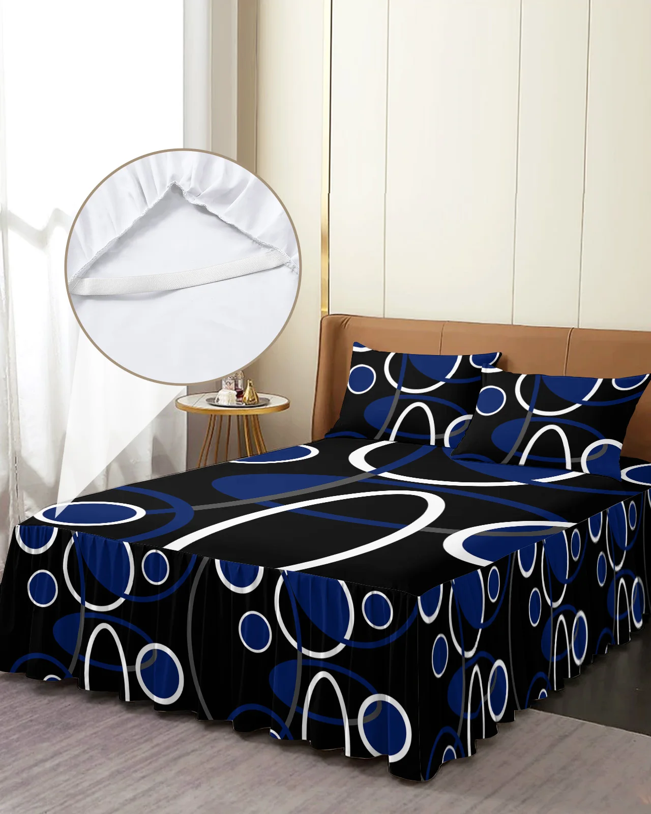 Blue Black Geometric Abstract Lines Bed Skirt Elastic Fitted Bedspread With Pillowcases Mattress Cover Bedding Set Bed Sheet