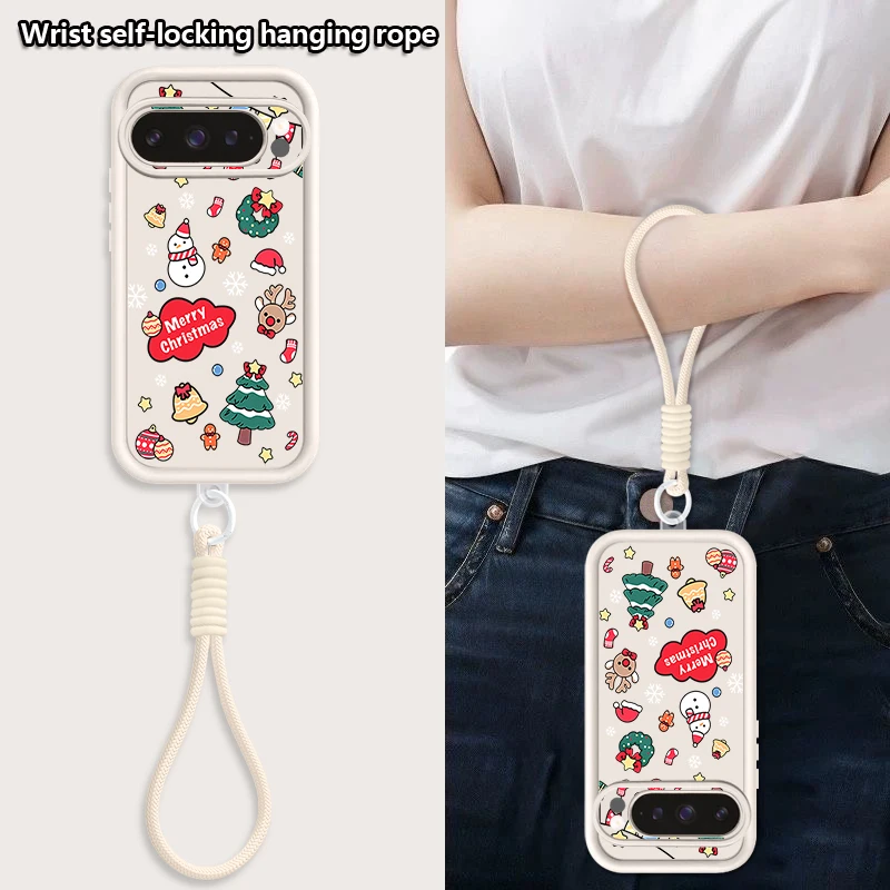 Силиконовый чехол для телефона с ремешком для Google Pixel 10 9 8 7 Pro 8A 7A Pixel 9 10 Pro XL с мультяшным рождественским принтом, чехол из ТПУ на запястье