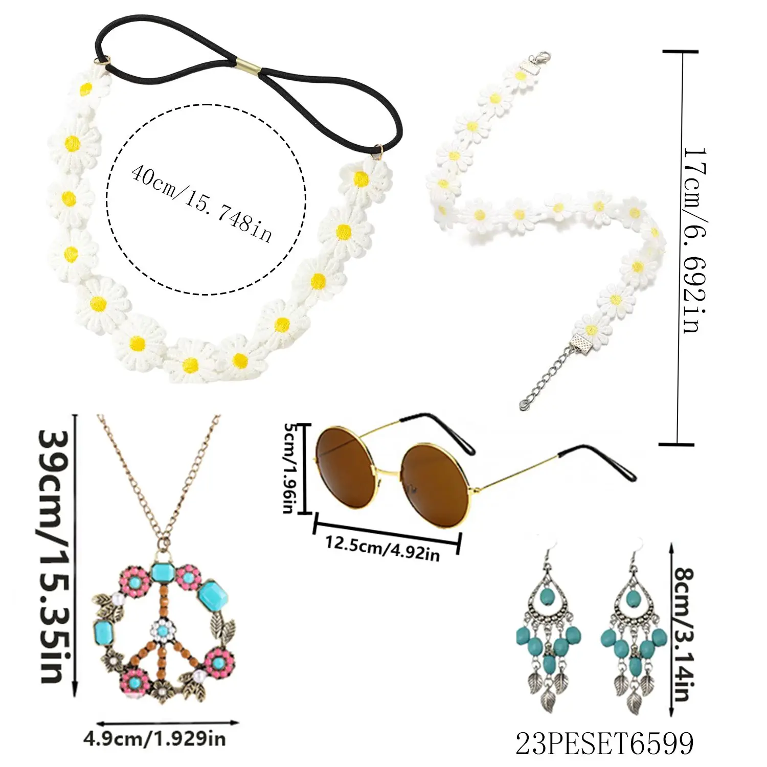 ชุดคอสตูมตัวละครยุค 1960 ของ PESENAR ประกอบด้วยเครื่องประดับศีรษะ แว่นตา สร้อยคอ และชุดคอสตูมอื่นๆ สำหรับตัวละคร