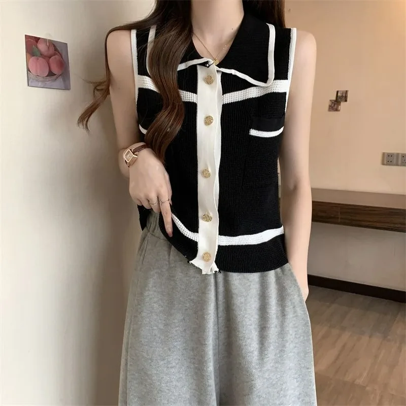 2024 Summer New French Commuter Simple Polo Collar Contrasting Color Knitted Sweater Vest Women's Trendy Slim Fit Top