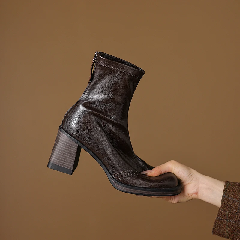 2026 autumn winter women ankle boots natural leather 22-25cm sheepskin+microfiber+pigskin/plush back-zip high heel short boots