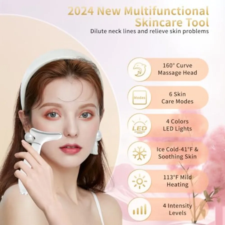 Terapia de luz vermelha para rosto e pescoço, ferramentas de cuidados com a pele facial, vibração microcorrente, serviço frio e quente, led vermelho e azul