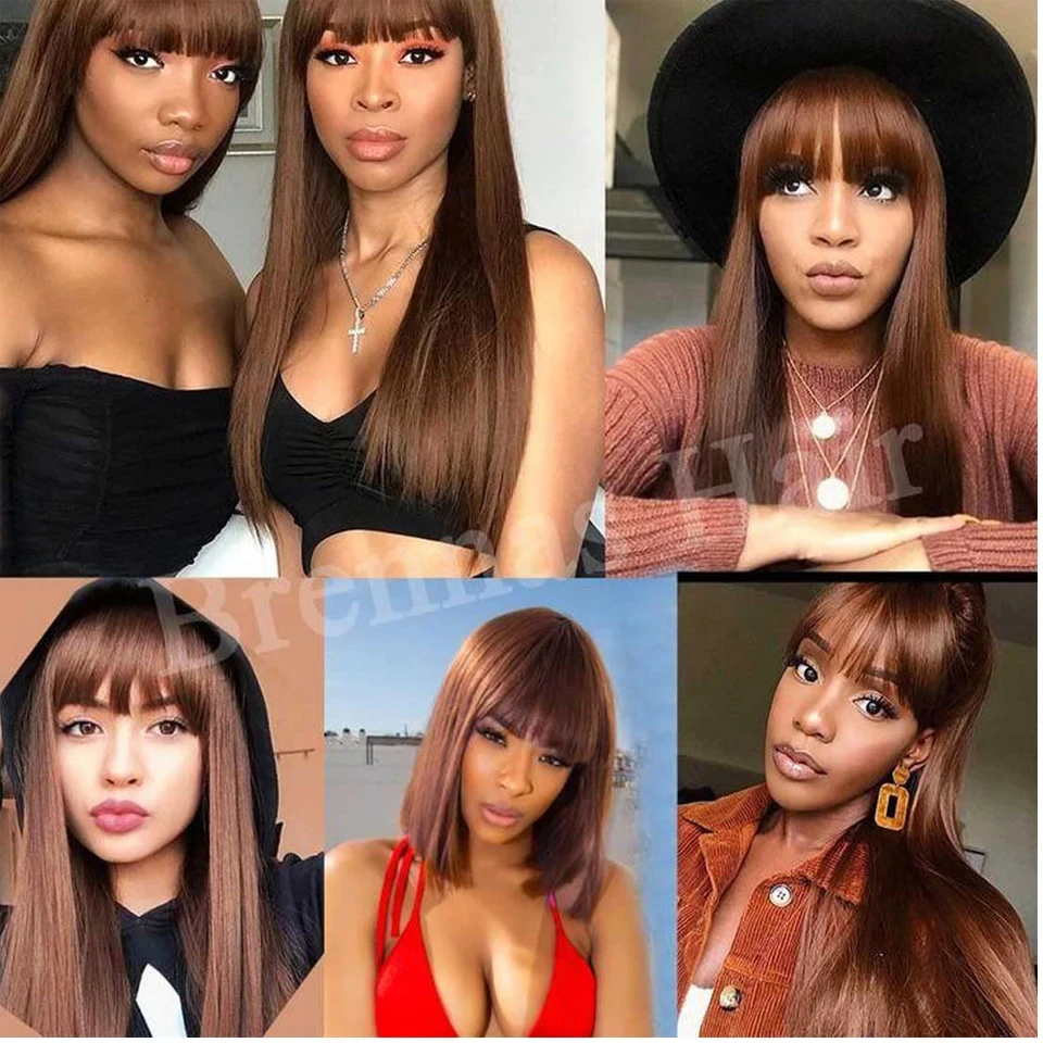 Reddish Brown Bangs Wigs Human Hair Wig Easy to Go Color Wig #4 Chocolate Brown Straight Human Hair Wigs with Bangs Machine Made