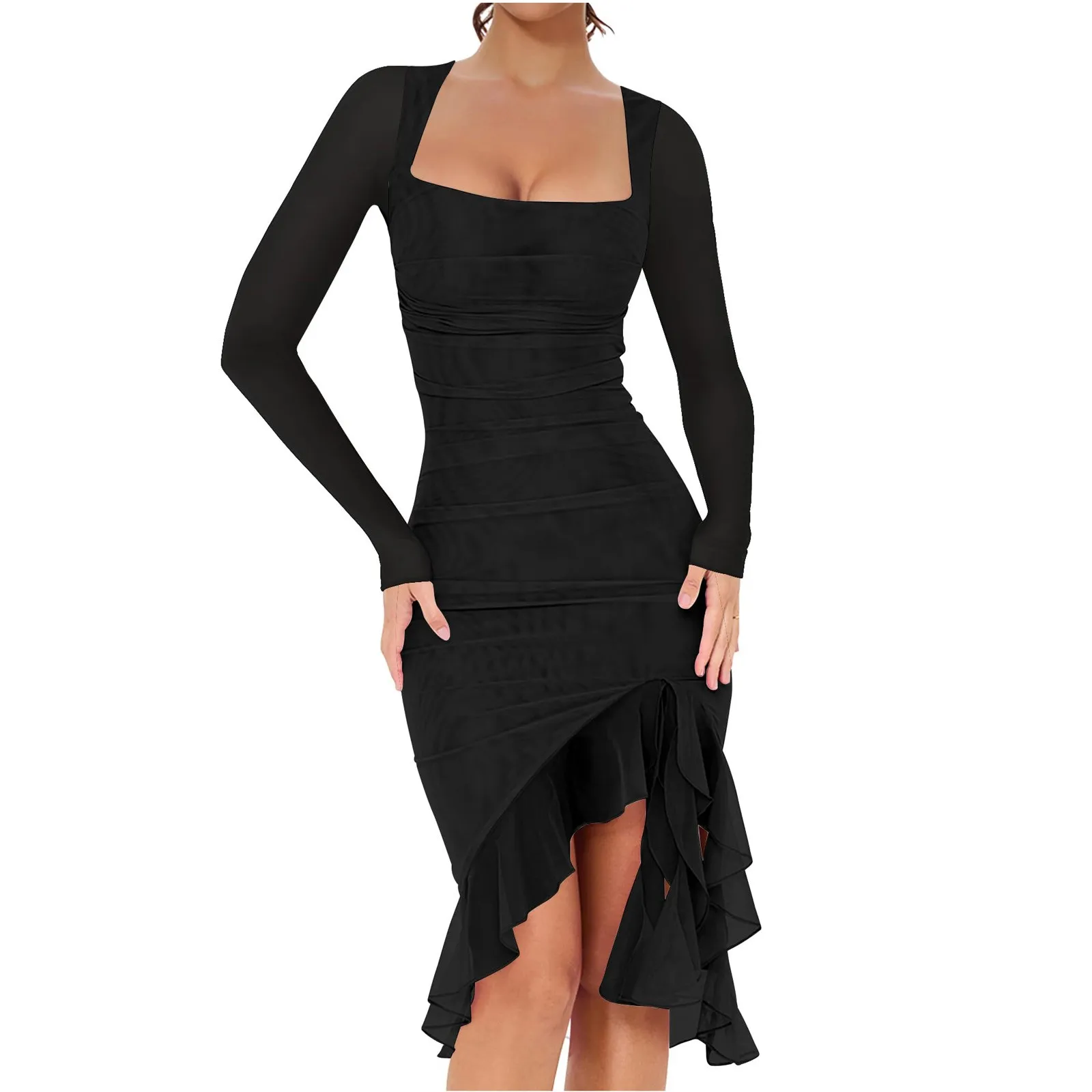 Mulheres sexy gola quadrada oco vestido de noite primavera cruz rendas sem costas dividir vestido longo outono manga longa magro bodycon vestido