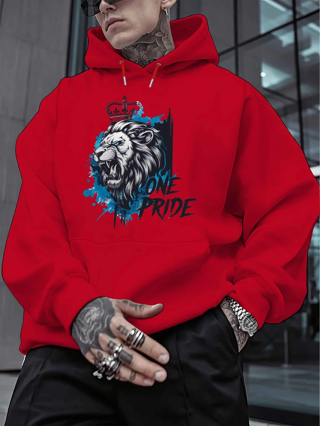 King Lion With Crown Hoodie Splash‑Ink Animal Streetwear Pullover Unisex Oversized Fleece Hoodie Fall Winter