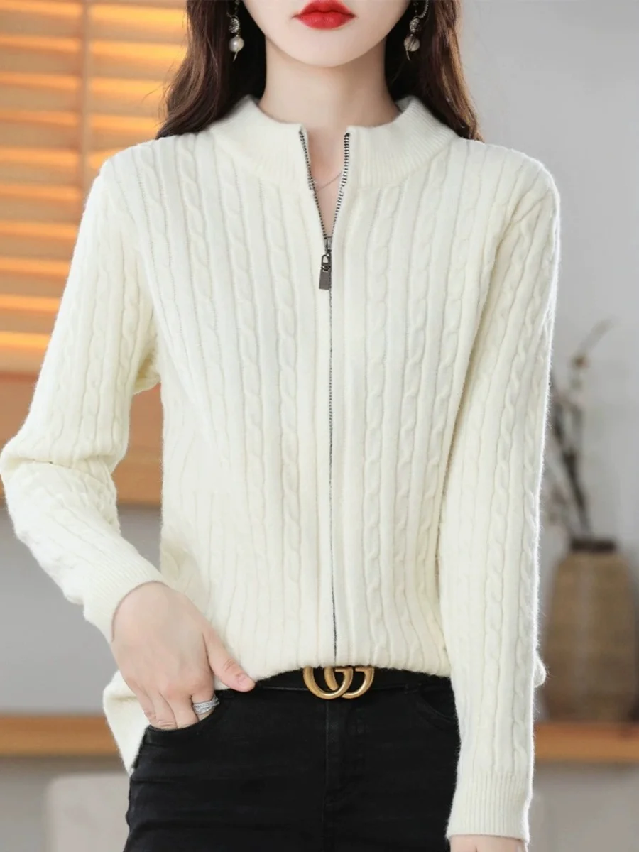 

Осень-зима вязаный шерстяной свитер на молнии пальто женский свободный Thi Twisted f шерстяной теплый топ с высоким воротником кардиган Sle