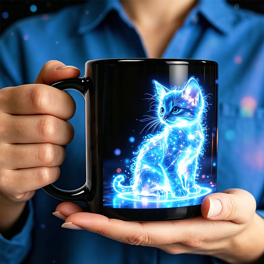 One Glowing Neon Blue Cat Coffee Mug - Ceramic Mug with a Glowing Blue Kitten and Star Pattern, the Perfect Gift for Cat Lovers.