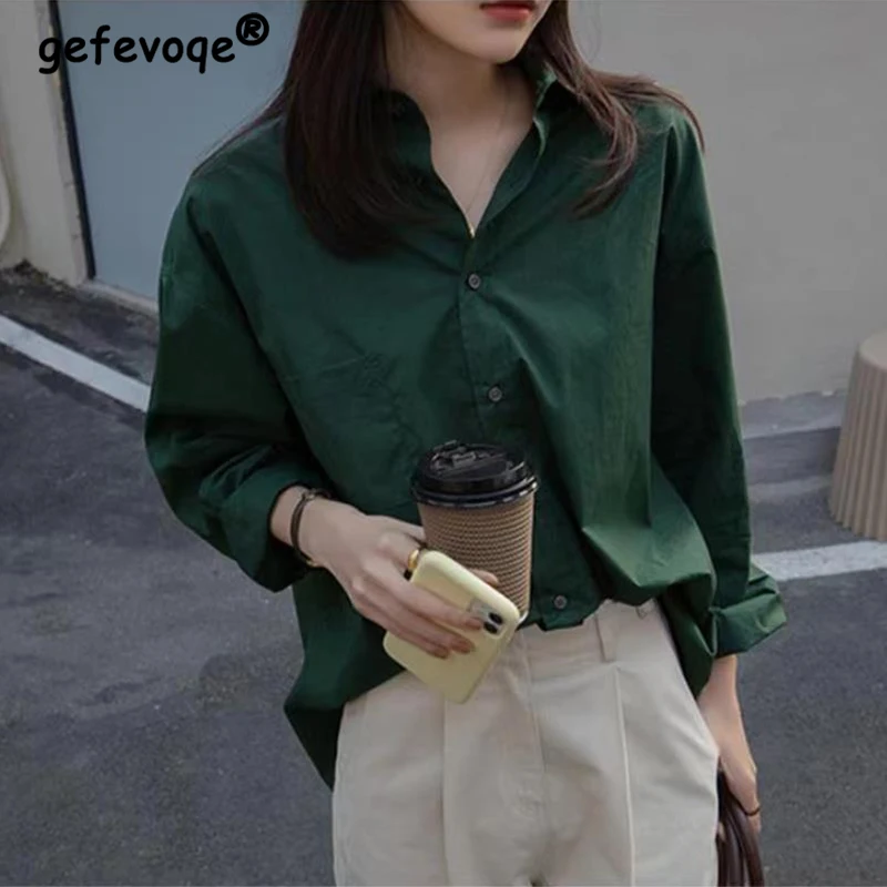 Spring Summer Polo-neck Green Buttons Simple Blouse Elegant Fashion Long Sleeve Top Women Vintage Solid All-match Cardigan Shirt