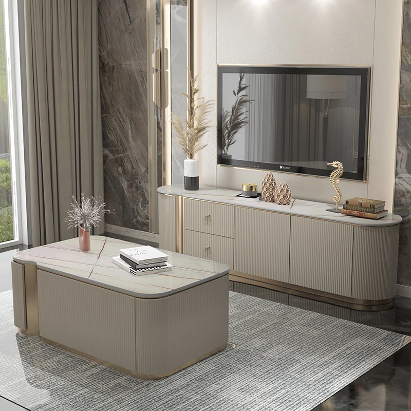 

Light luxury TV cabinet coffee table combination Italian modern simple lacquered rock slab marble small apartment bedroom floor