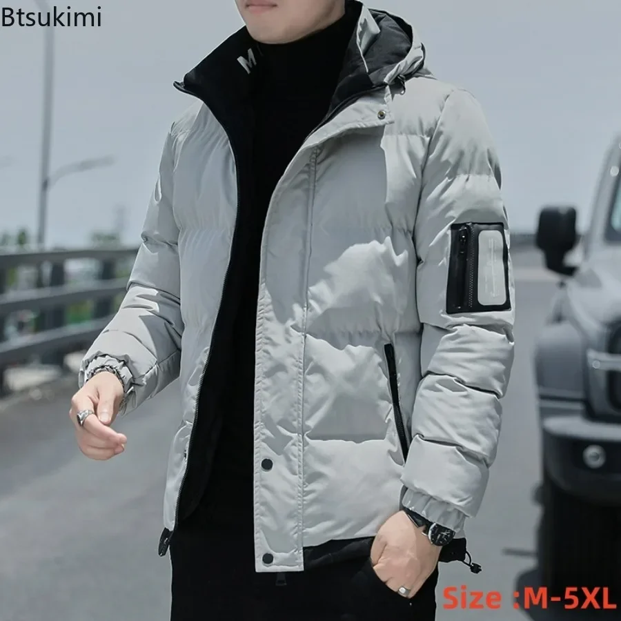 2024 Winter Korean Style Parkas Men\'s Puffer Jacket Long Sleeve Hooded Coats Bomber Jacket Thicker Warm Zipper Outerwear for Men