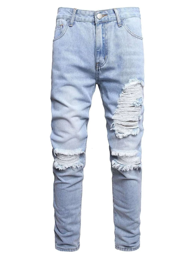 Men's Ripped Jeans Casual Distressed Denim Pants Durable Summer Fall Streetwear Trendy Trousers