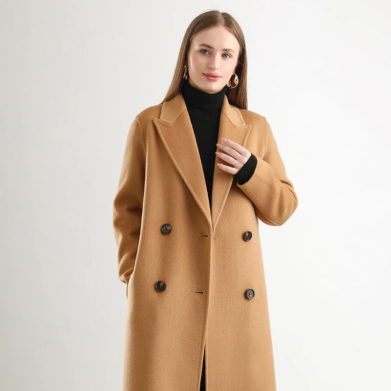 2024 Casual High Quality Coat Double-sided wool Long women\'s loose-fitting lapel 100% wool coat