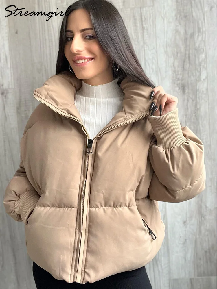 Loose Short Down Cotton Jackets Women Winter Warm Thick Coats Padding Outwear Short Winter Down Quilted Jackets Beige Women