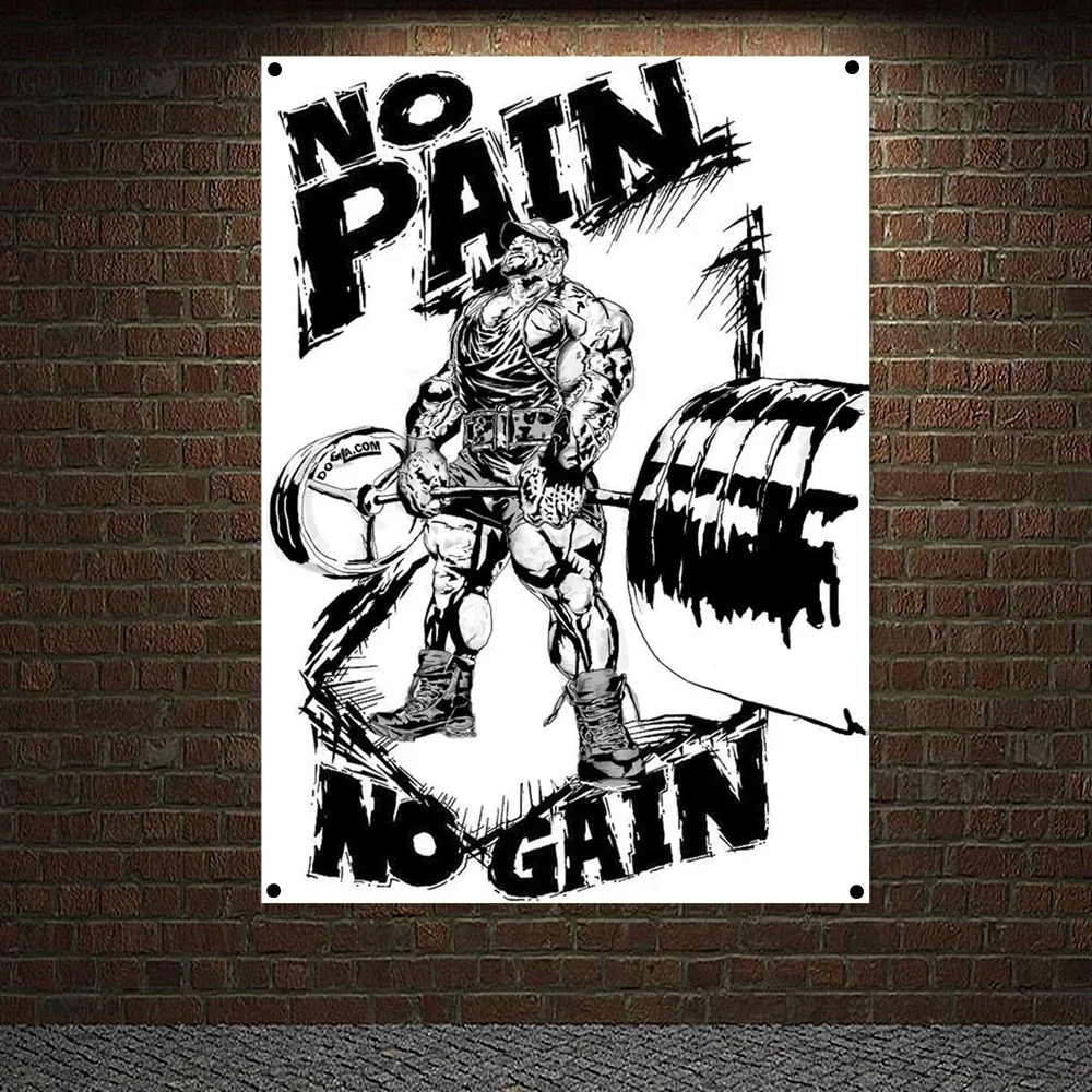 NO PAIN NO GAIN Gym Decor Exercise Banner Wall Art Canvas Painting Man Muscular Body Inspirational Poster Tapestry Wall Stickers