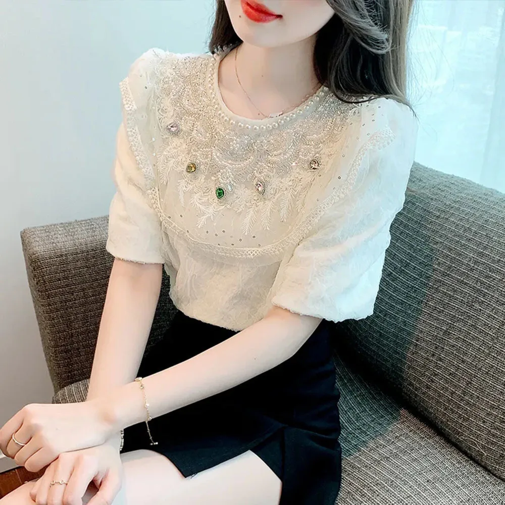 Sequined Shirts 2023 Summer New Blouses For Women Korean Style Beads Rhinestones Lace Straight Tops Female Sweet Chiffon Blusas