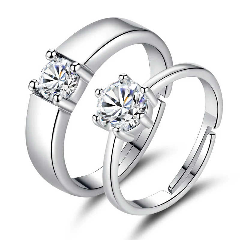 S925 Silver Zircon Ring for Men Women Korean Four Claw Sterling Silver Jewelry Simple Couple Open Ring