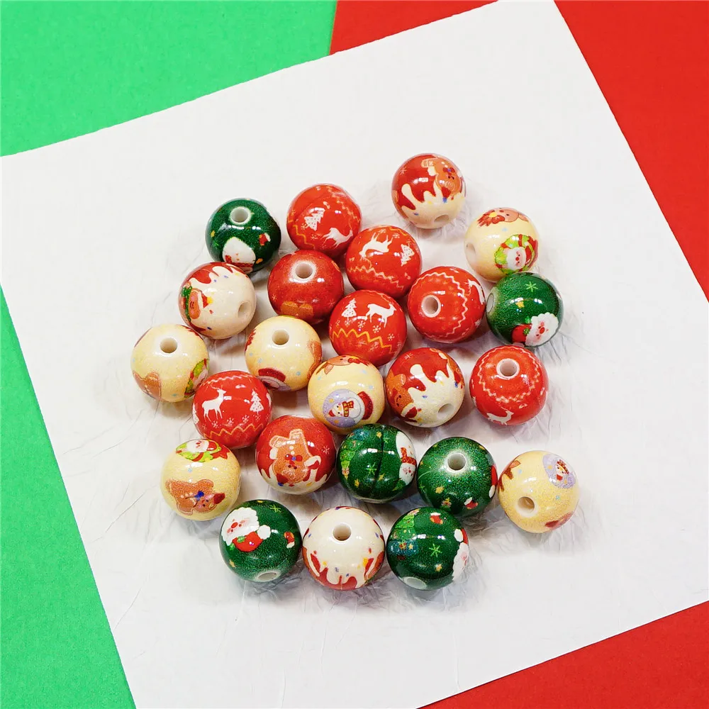 10PCS Christmas Acrylic Beads Random Mixed Santa Snowman Reindeer Round Spacer Beads DIY Bracelet Jewelry Making Accessory
