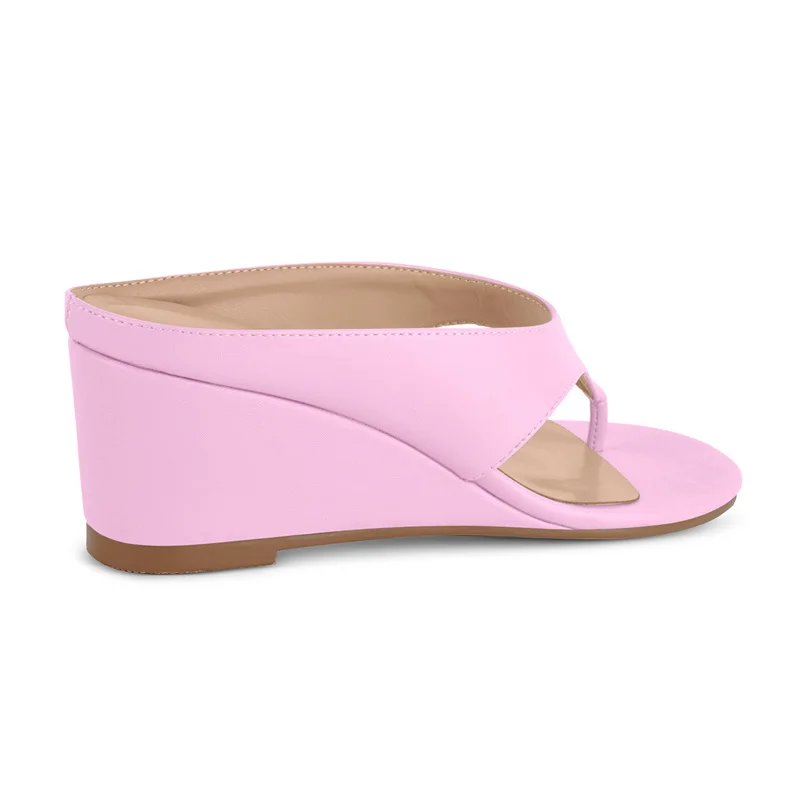 Onlymaker Women Pink Thong Wedge Mule Sandals Round Open Toe Slip On Slide Summer High Wedge Heel Flip Flop Sandals view 5