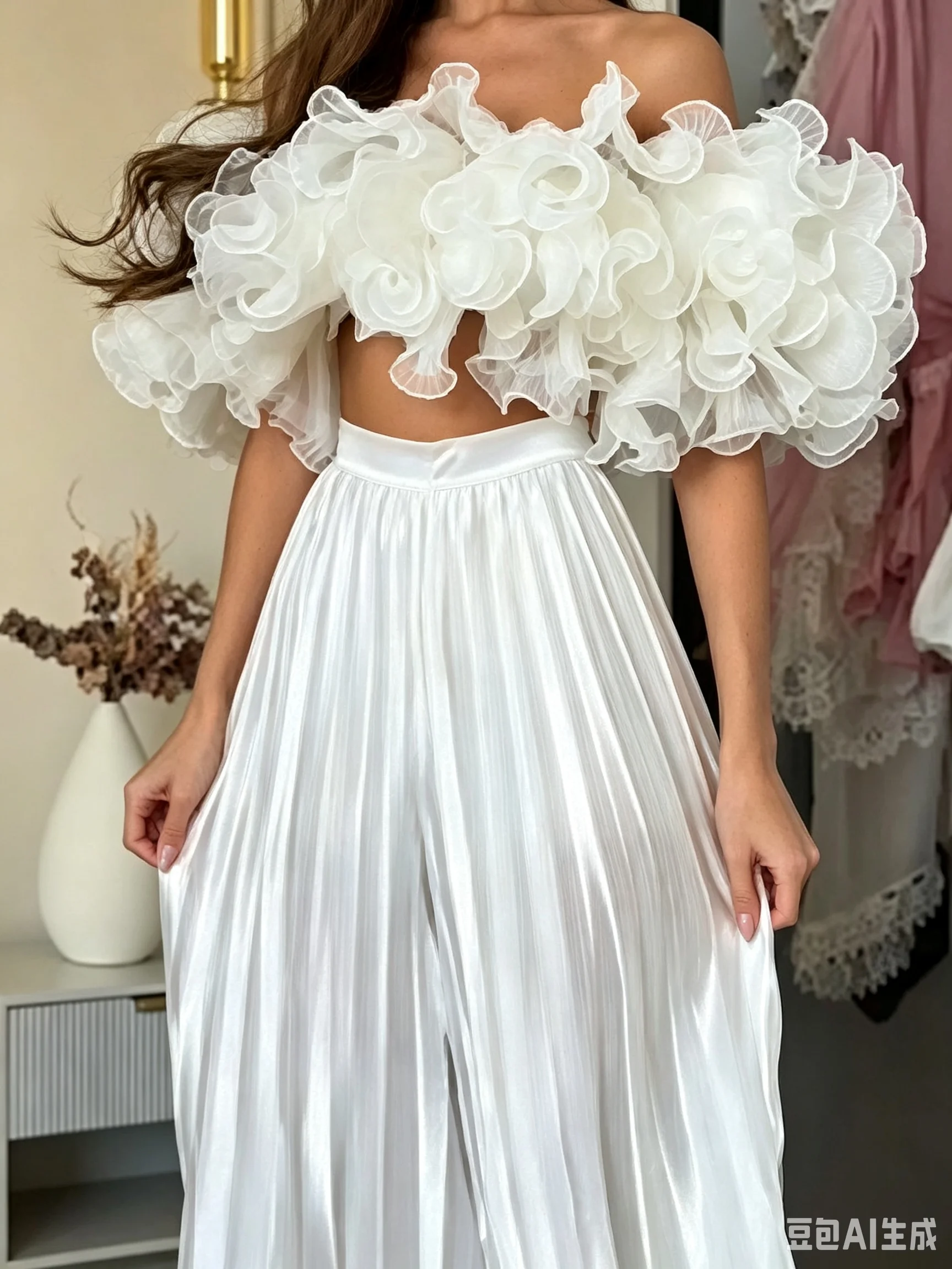 Blusa Corta Blanca con Flores 3D, Hombros Descubiertos, Volantes de Organza, Manga Corta Abullonada, Sin Tirantes, Estilo Tubo, Elegante y Romántica para Mujer