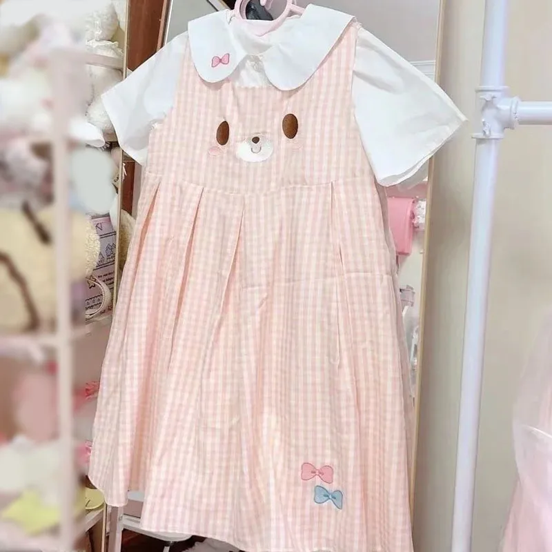 

Japanese Preppy Style Sweet Plaid Cartoon Sleeveless Mini Dress + Lolita Girl Doll Collar Blouses Kawaii Y2k Aesthetic Outfits