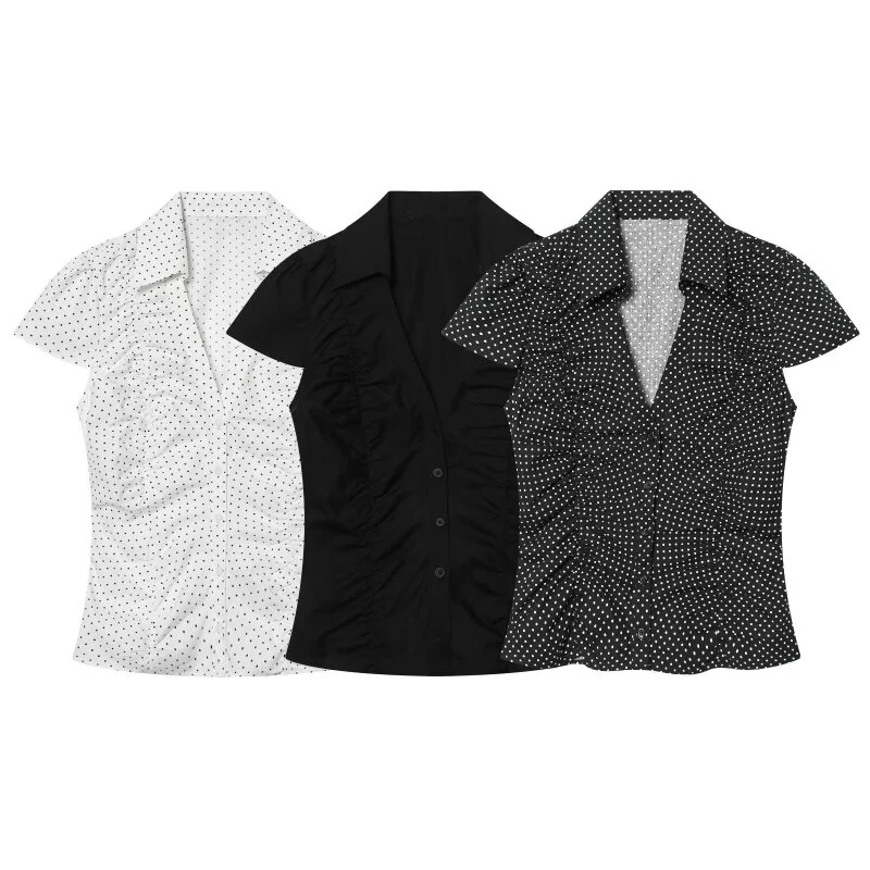 Summer Y2K Vintage Polka Dot Short Sleeve Blouse For Women V Neck Collared Ruched Bodycon Slim Fit Casual Daily Streetwear Shirt