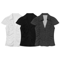 Summer Y2K Vintage Polka Dot Short Sleeve Blouse For Women V Neck Collared Ruched Bodycon