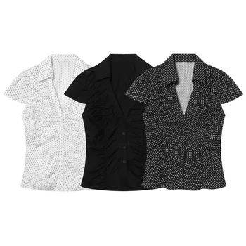 Summer Y2K Vintage Polka Dot Short Sleeve Blouse For Women V Neck Collared Ruched Bodycon