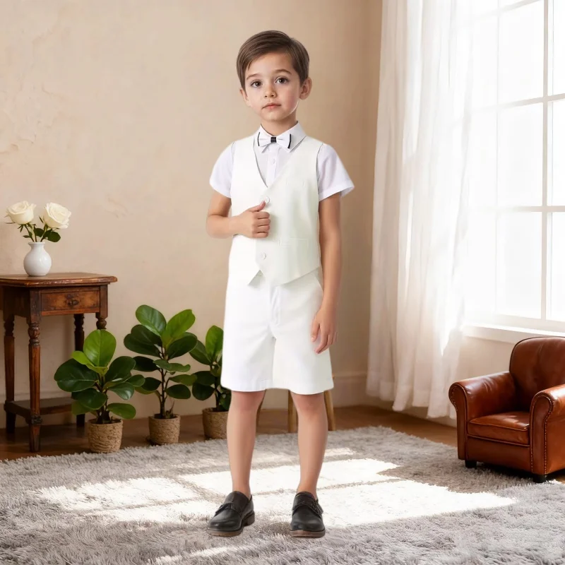 Handsome Kids Summer Vest Set Flower Boys First Birthday Photography Outfit Children's Piano Host Performance Costume