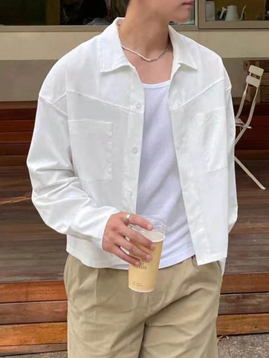 

Men's Solid White Long Sleeve Shirt with Double Chest Pockets, Casual Fit for Fall