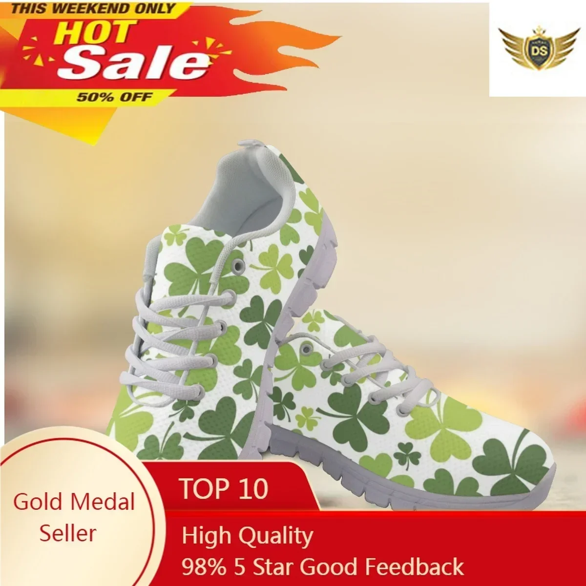 Shamrock Print Comfort Mesh Shoes Lucky Green Breathable Lace Up Flat Sneakers Fitness Basketball Running Shoes Footwear Summer