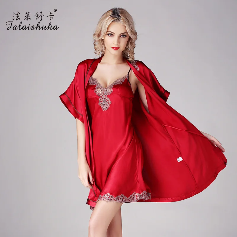 16 momme100% silk women robe gown sets spaghetti strap sexy red wedding noble bathrobes nightdress S15004