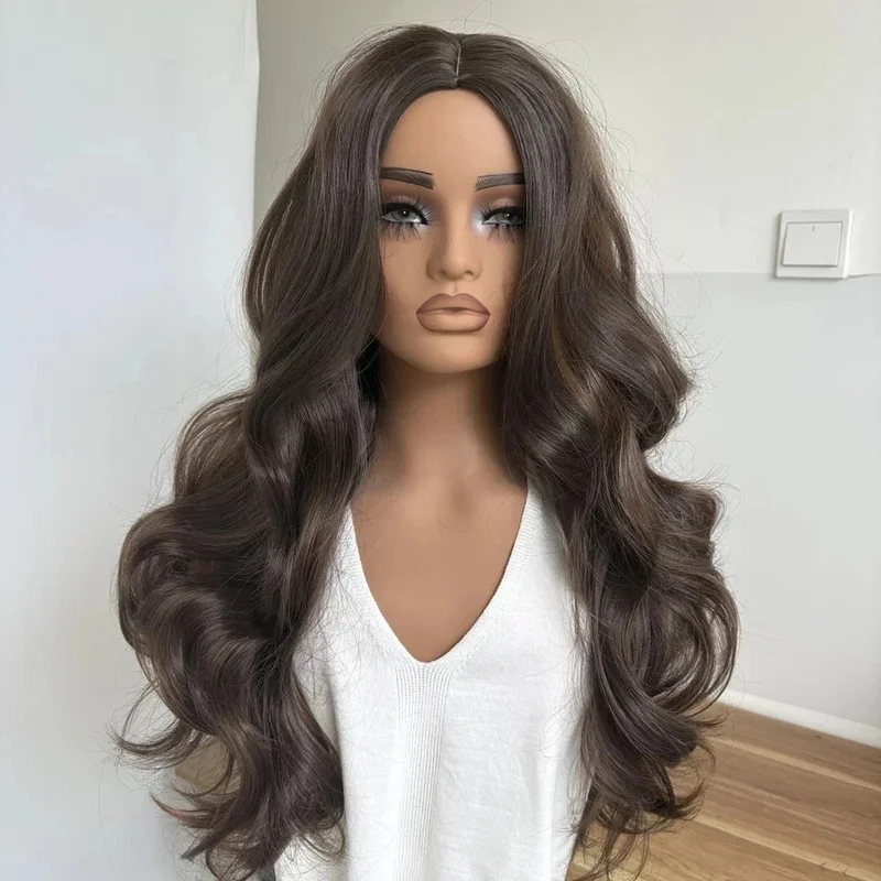 Real Hair New Fashion Long Natural Dark Brown Wavy Women's Full Wigs 24 In