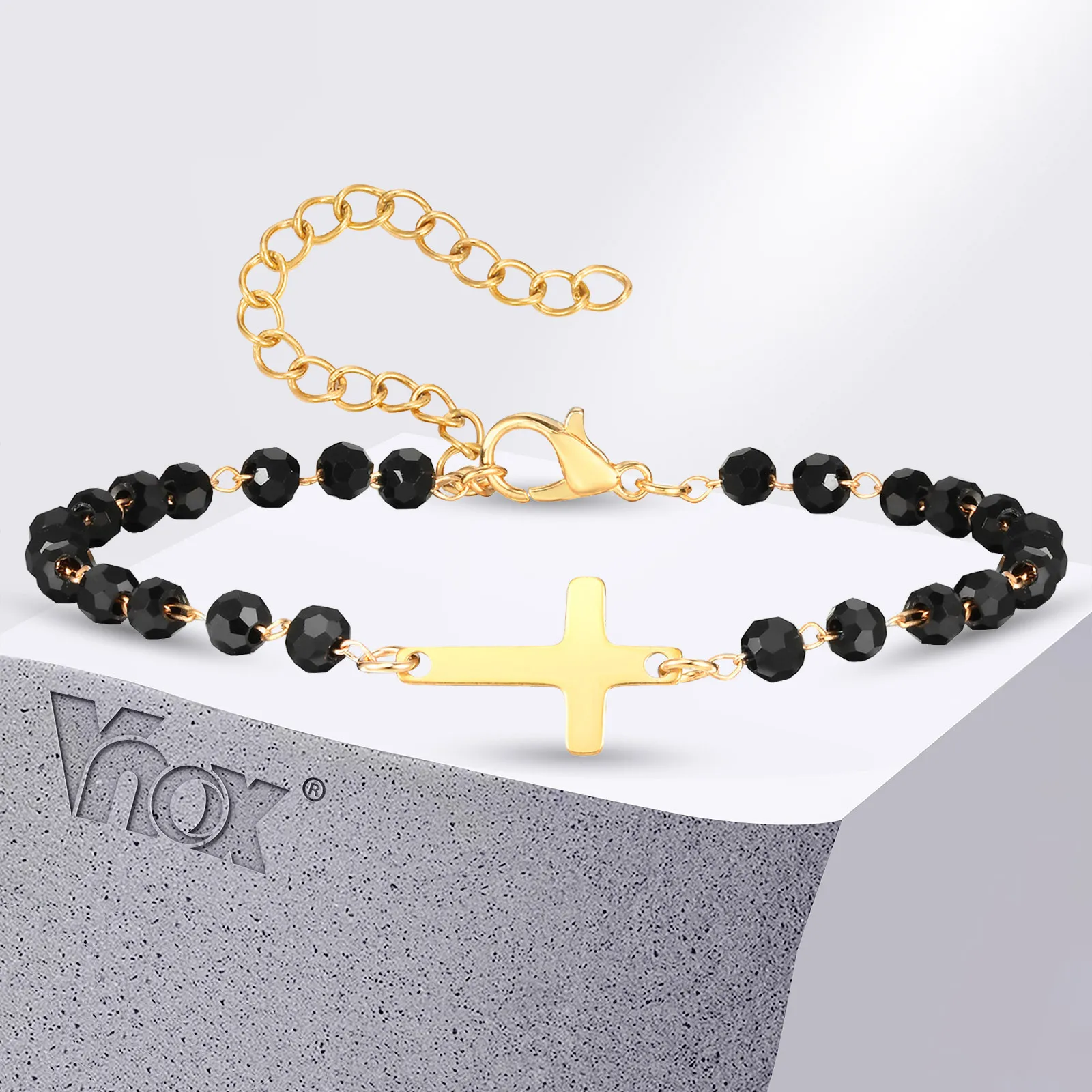 Vnox Small Cross Charm Bracelets for Men Teens Boys, Black Beads Chain Bracelets, Adjustable Faith Religious Christ Jewelry