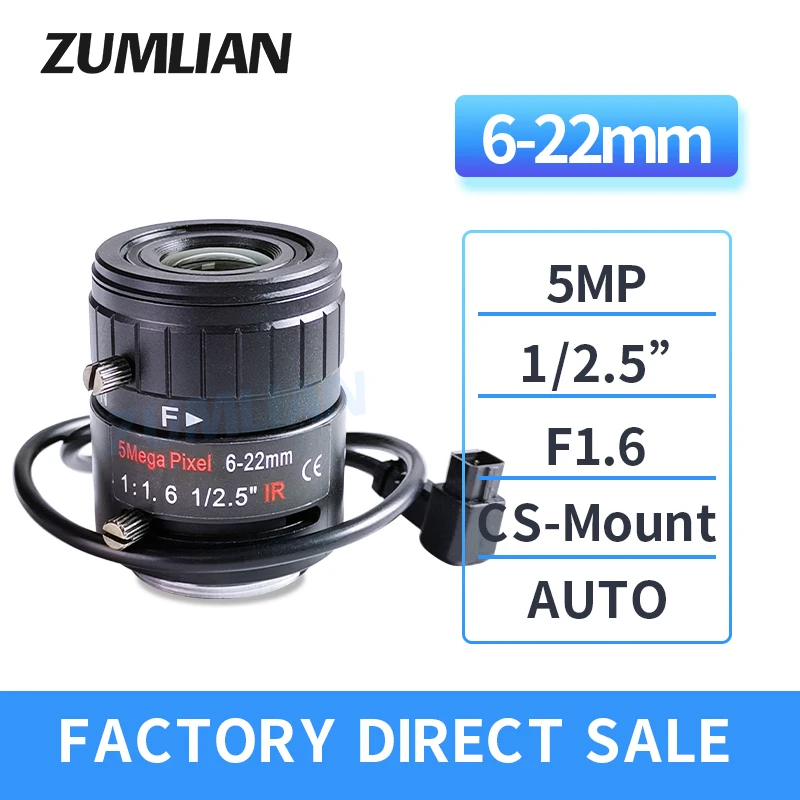 ZUMLIAN 6-22mm Varifocal Lens IR CS-Mount Camera CCTV 1/2.5'' Sensor Size F1.6 Auto Iris 5MP for Surveillance Cameras