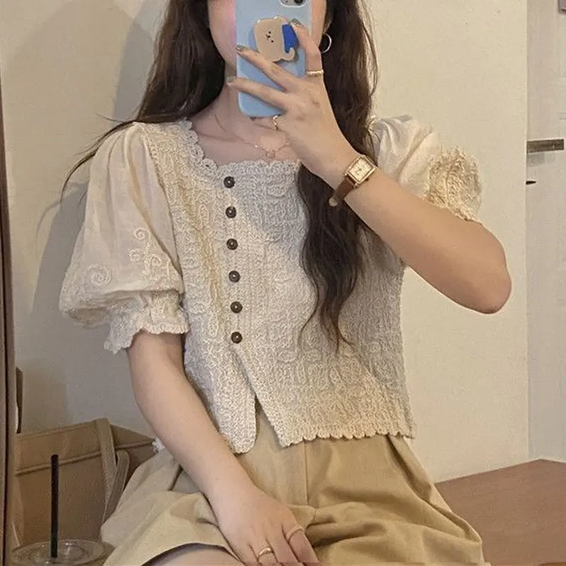French Style Lace Square Collar Shirts Summer New Puff Sleeve Elegant Women's Clothing Vintage Solid Color Fashion Button Blouse