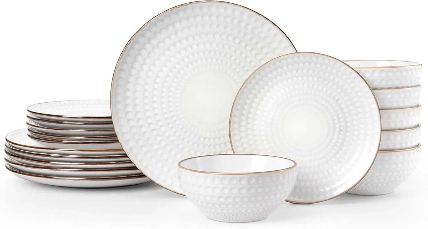 Plates and Bowls Sets, 18 Pieces Stoneware Dinnerware Sets, Dishes Set for 6, Microwave and Dishwasher Safe, White Circ