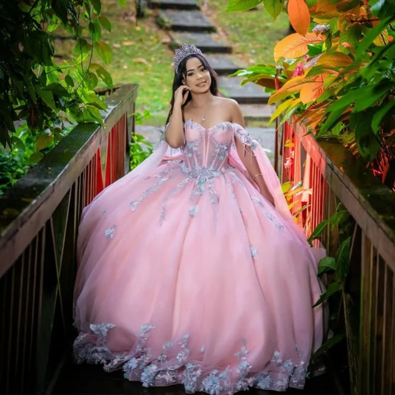 

Pink Quinceanera Dress off-shoulder Lace layering crystal glitter flower decal Big Bow vestidos de 15 Quinceanera ﻿Customized